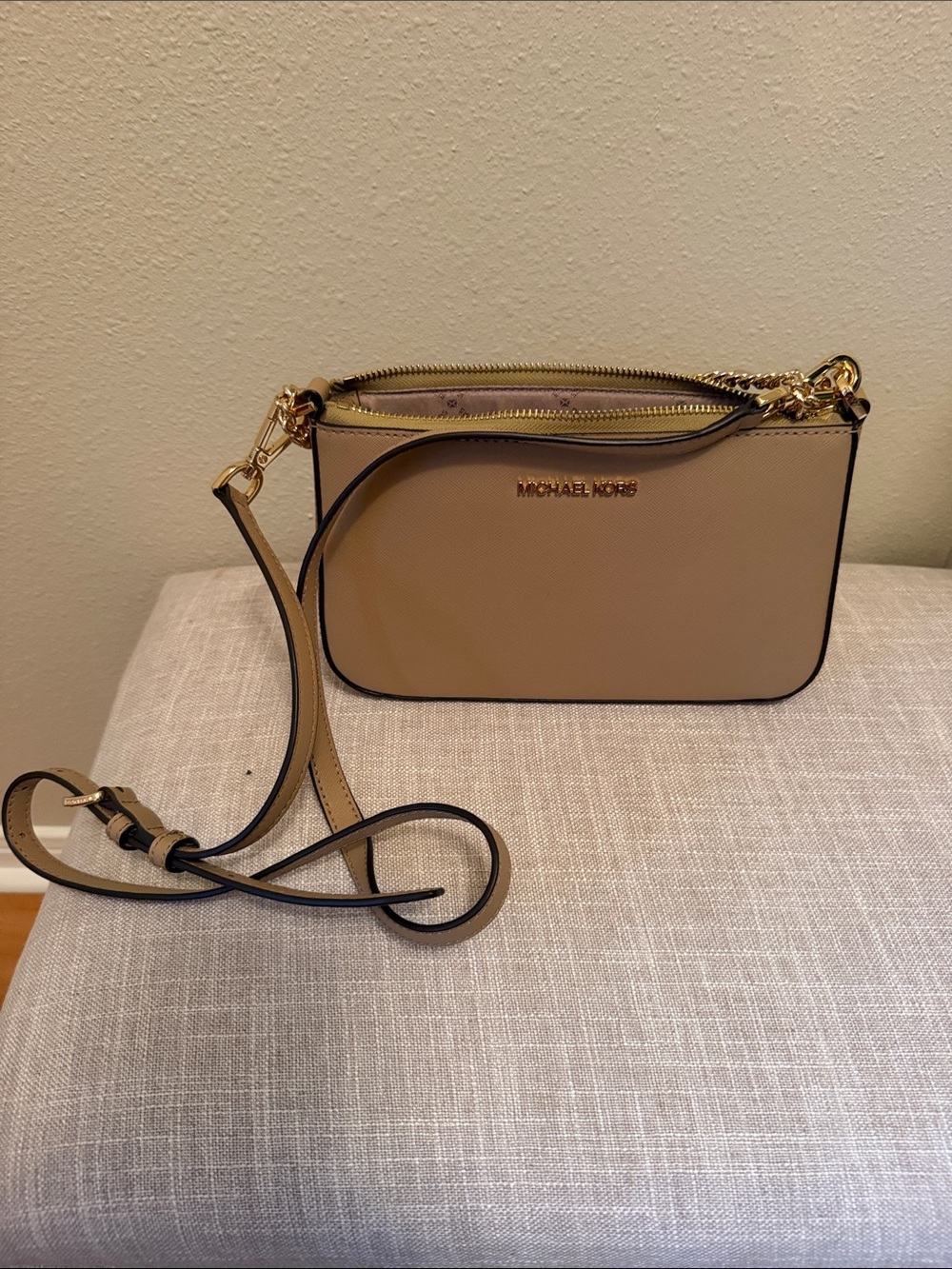 Michael Kors Beige Crossbody with Gold Hardware and Adjustable Strap